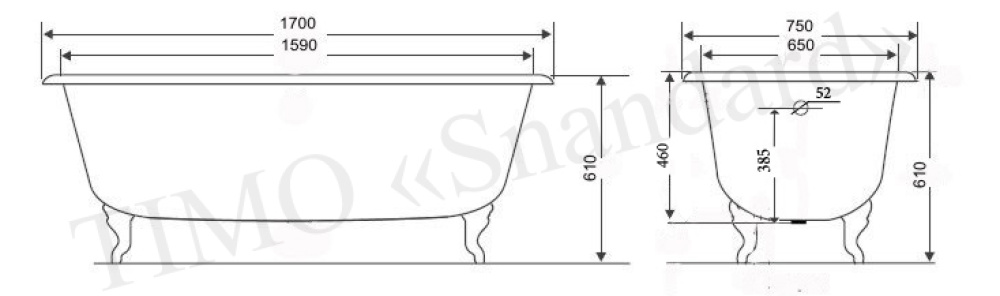 Фото ВАННА чугунная TIMO STANDARD 3V - 170x75x46 с ручками