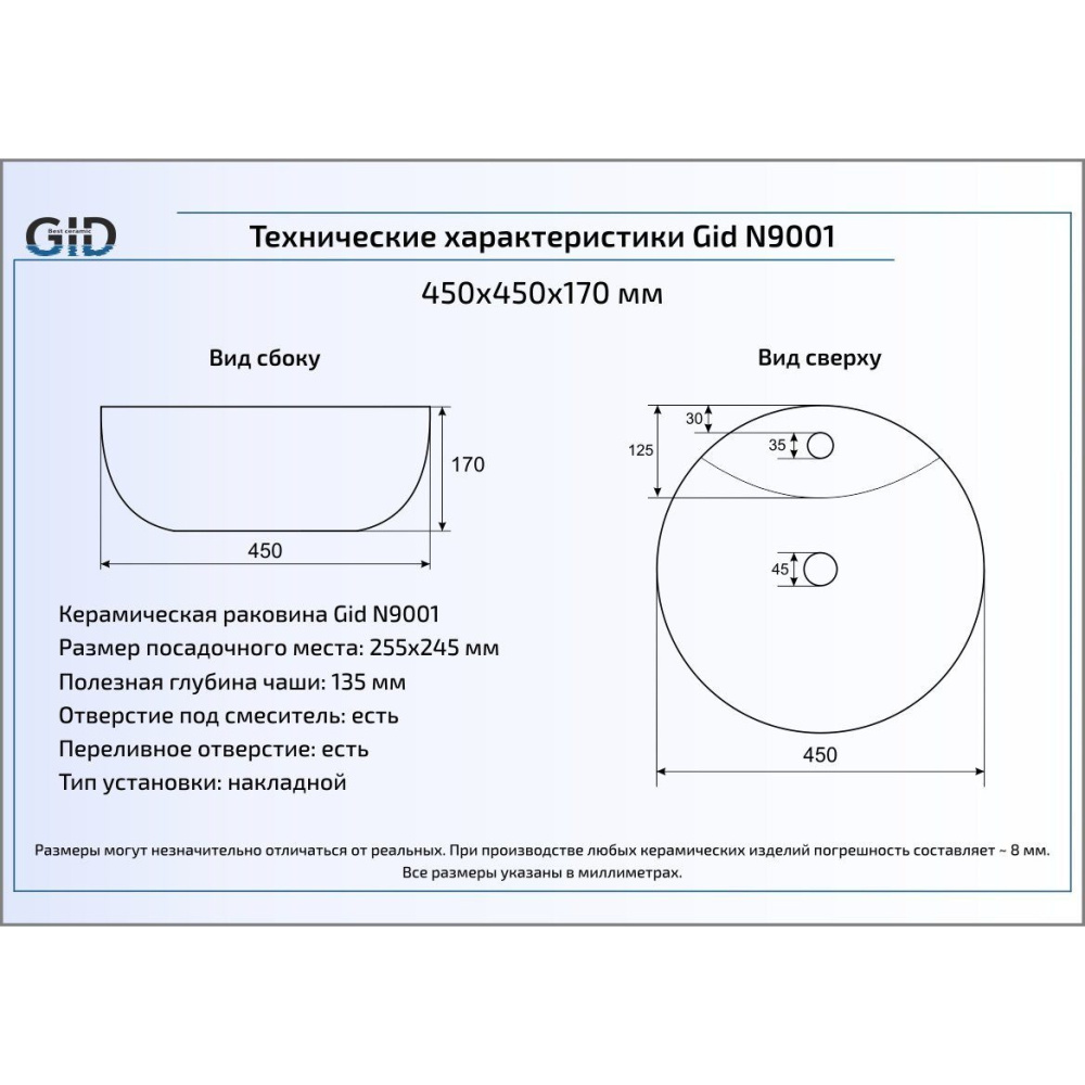 Раковина накладная Gid N9001