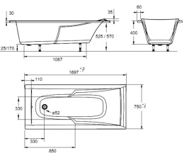 Акриловая ванна 170x75 Jacob Delafon (E60901-00), прямоугольная