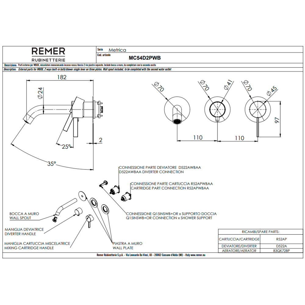 Фото Смеситель для ванны Remer Metrica MC54D2PWBBO, белый матовый