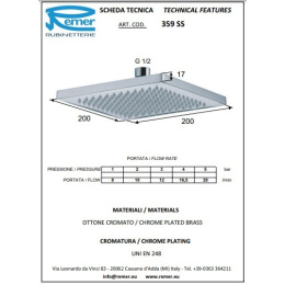 Remer 359SSX Душевая головка с шарнирным соединением, 20x20 см (латунь в хроме)