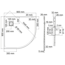 Душевой поддон WasserKRAFT Leine 35T01, четверть круга, 90 х 90 х 2.6 см