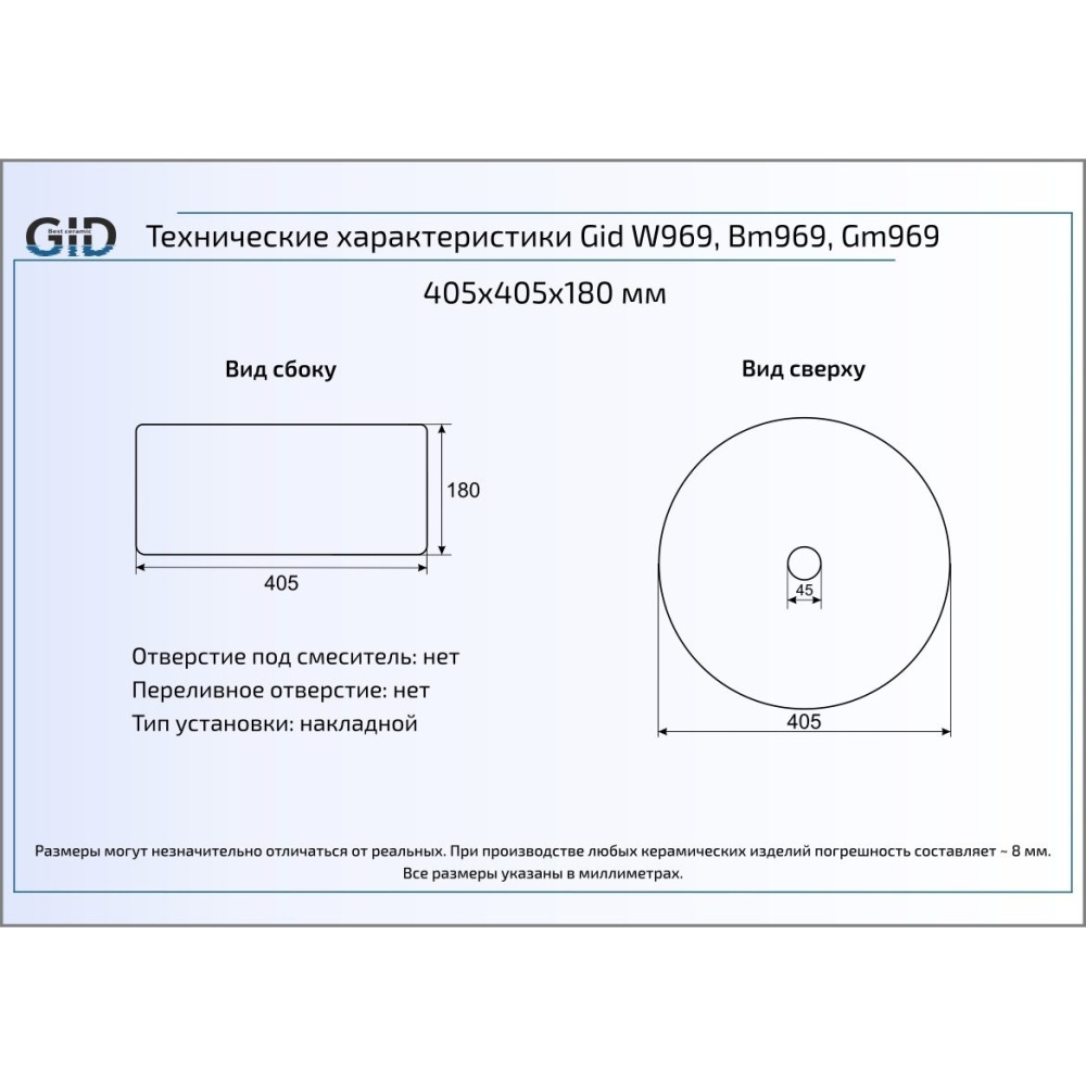 Раковина накладная Gid W969