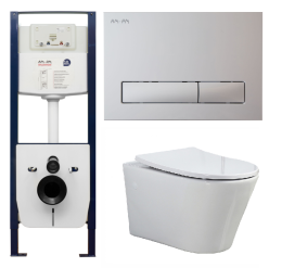 Инсталляция Am.Pm с безободковым унитазом BelBagno Flay-R BB506CH, сиденье микролифт клавиша белая