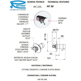 Remer MINIMAL THERMO NT30DO Термостатический смеситель для душа (золото полированное)