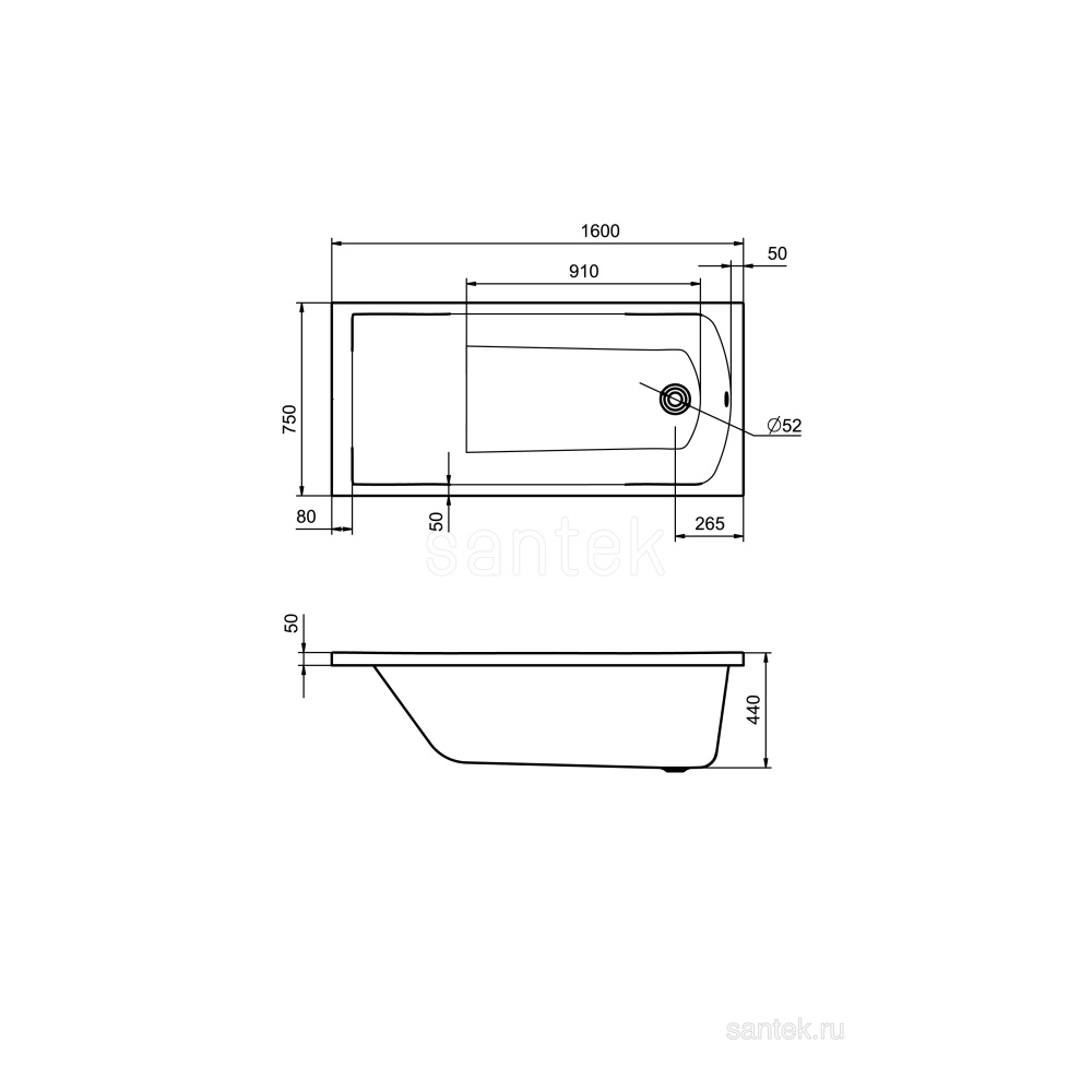 Акриловая ванна 160x75 Santek (1.WH50.1.597), прямоугольная
