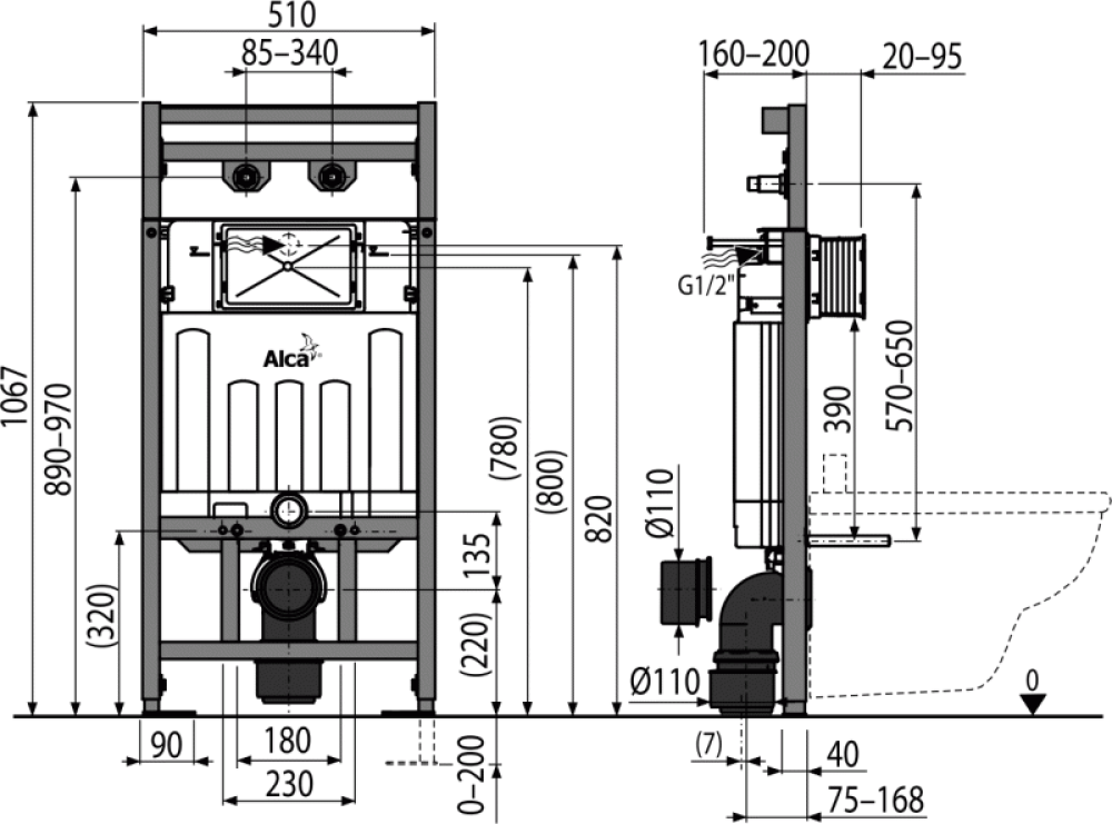 Фото Монтажная рама с бачком для видуара и смесителя, со стоковым коленом AlcaPlast A108F/1100