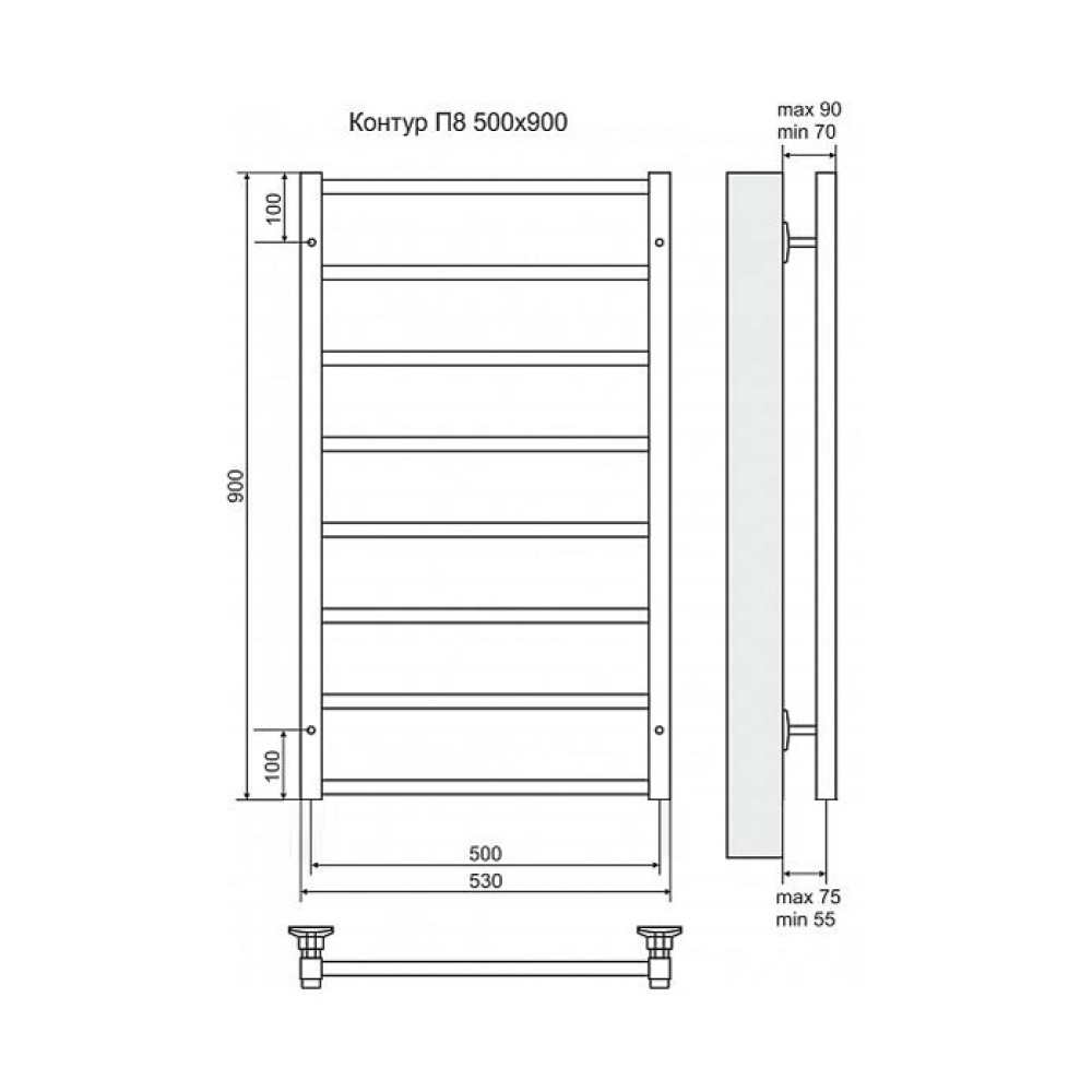 Фото Полотенцесушитель электрический Terminus 4660059920924 Контур П8 500x900, ТЭН HT-1 300W, левый/правы