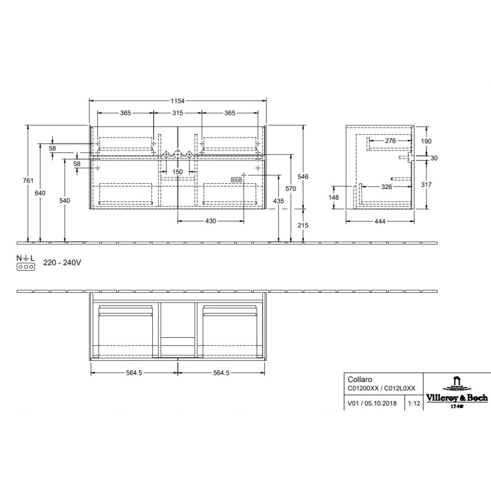 Villeroy Boch Collaro C01200PD Тумба под раковину 1154х444 мм (Black Matt Lacquer)
