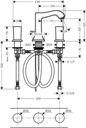 Смеситель для раковины на 3 отверстия 31304000 Hansgrohe Metropol Classic (хром)