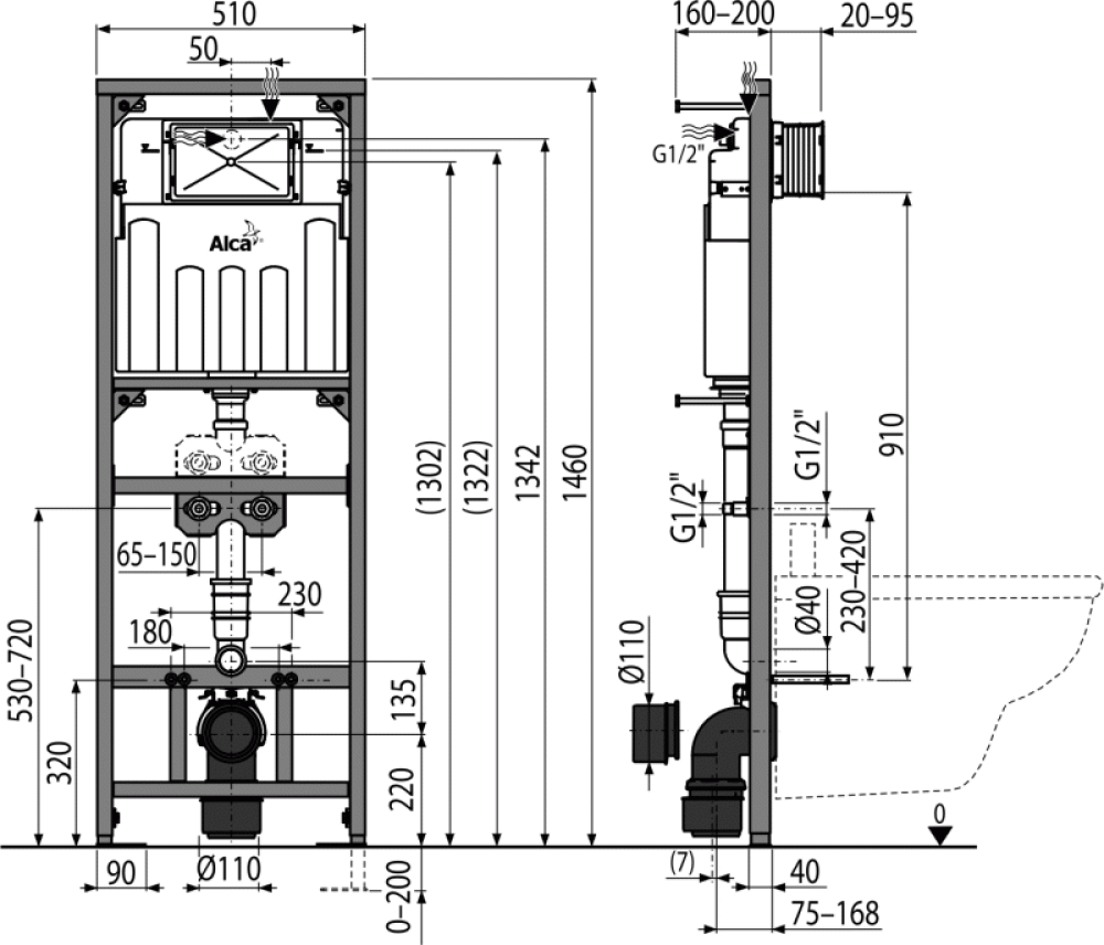 Фото Монтажная рама с бачком для видуара и смесителя, со стоковым коленом AlcaPlast A108F/1500