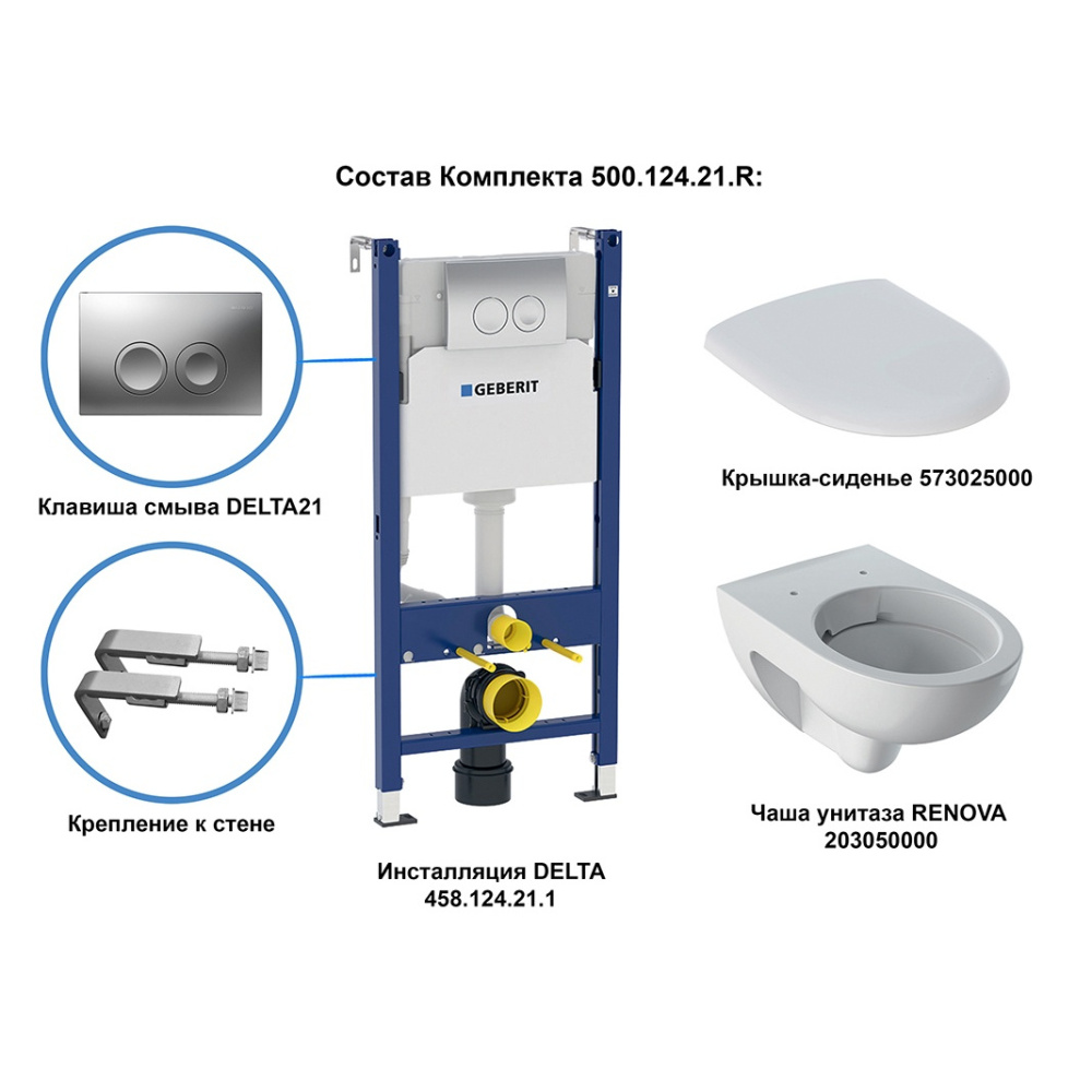 Geberit Renova 500.124.21.R Комплект инсталляция и унитаз подвесной, безободковый