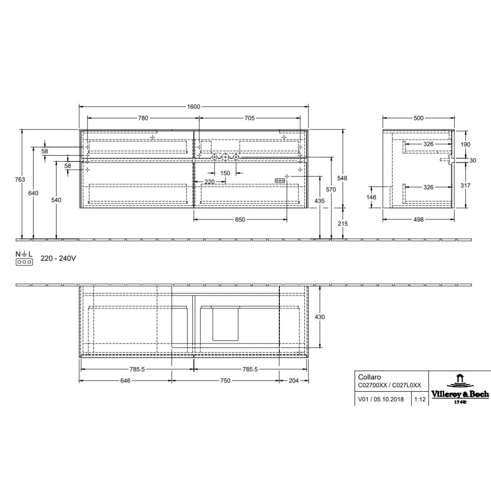 Villeroy Boch Collaro C027L0PD Тумба под раковину 1600х500 мм (Black Matt Lacquer)
