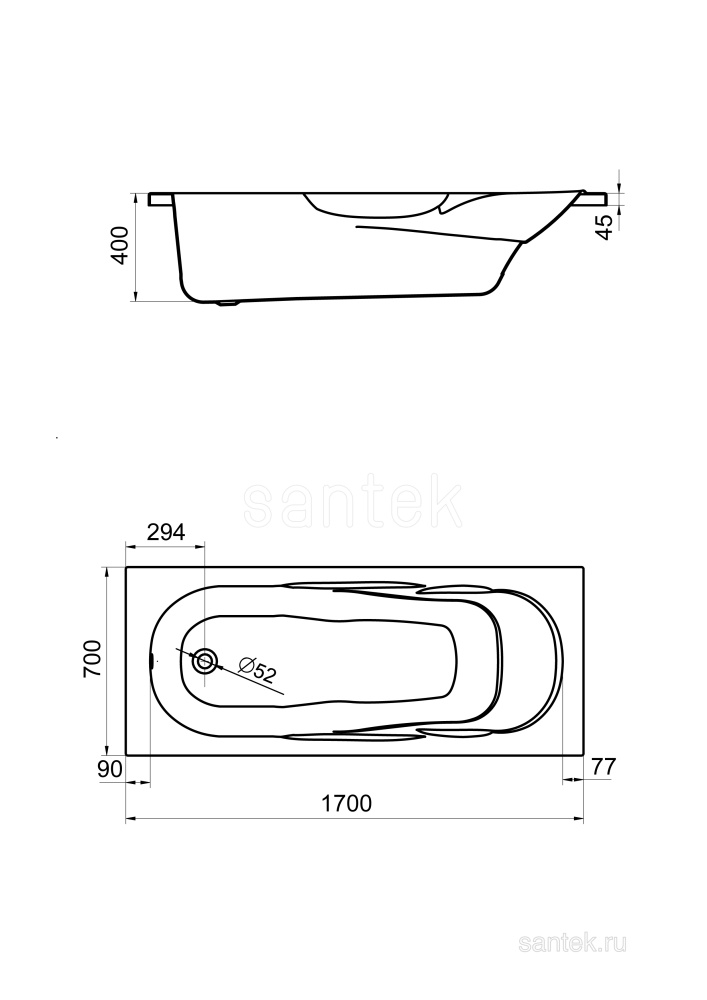 Акриловая ванна 170x70 Santek (1.WH50.1.531), прямоугольная