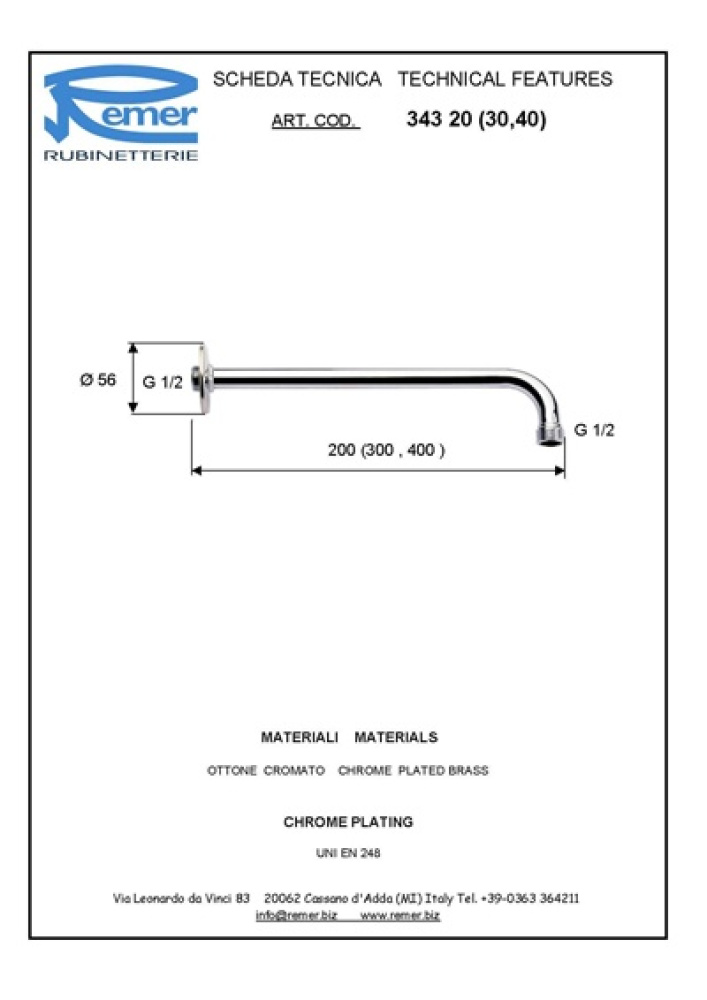 Фото Remer 34340NO Кронштейн для верхнего душа 400 мм (чёрный матовый)