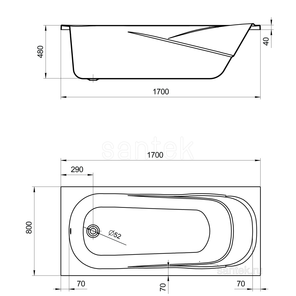 Акриловая ванна 170x80 Santek (1.WH30.2.441), прямоугольная