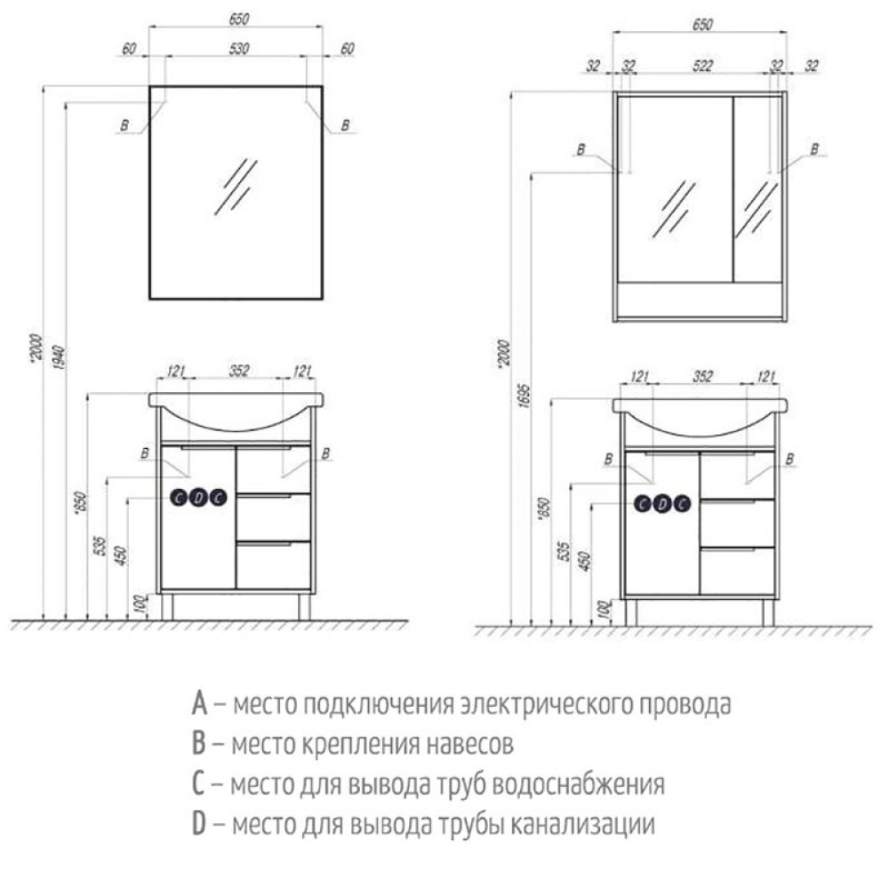Тумба под раковину Aquaton Рико 65 белый, ясень фабрик 1A213301RIB90