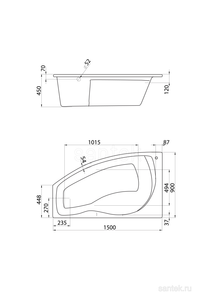 Акриловая ванна 150x90 Santek (1.WH11.1.984), асимметричная