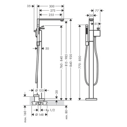 Фото Axor Edge 46440330 Смеситель для ванны напольный, на 1 отв., с ручным душем, излив 255мм, цвет: поли