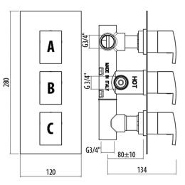 Термостат Gattoni Termostatici TS994/12С0cr для душа, на 3 источника, хром