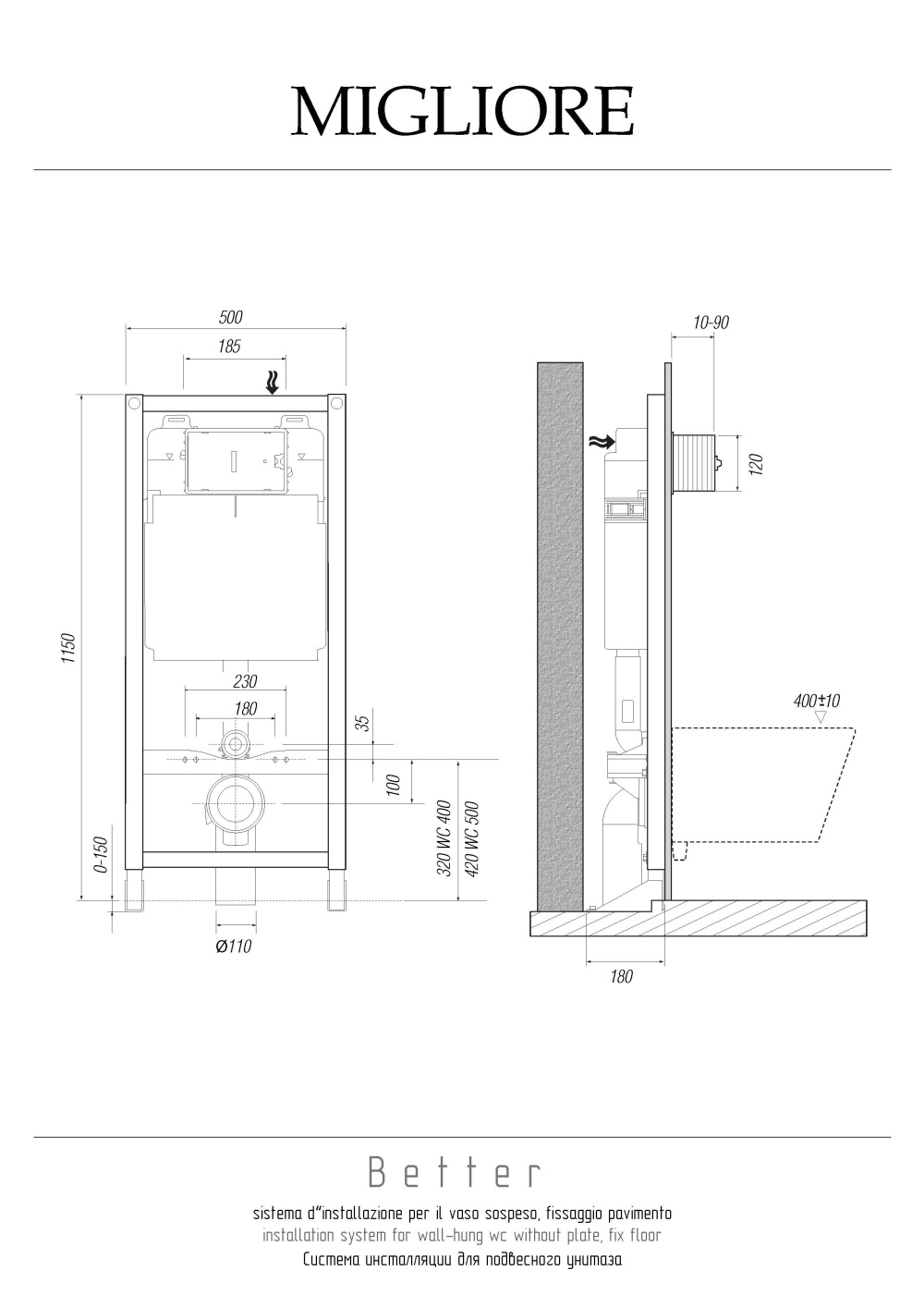 Фото Migliore Better 20457 Сист. инсталляции h1150x500хР180 мм. д/подв. WC