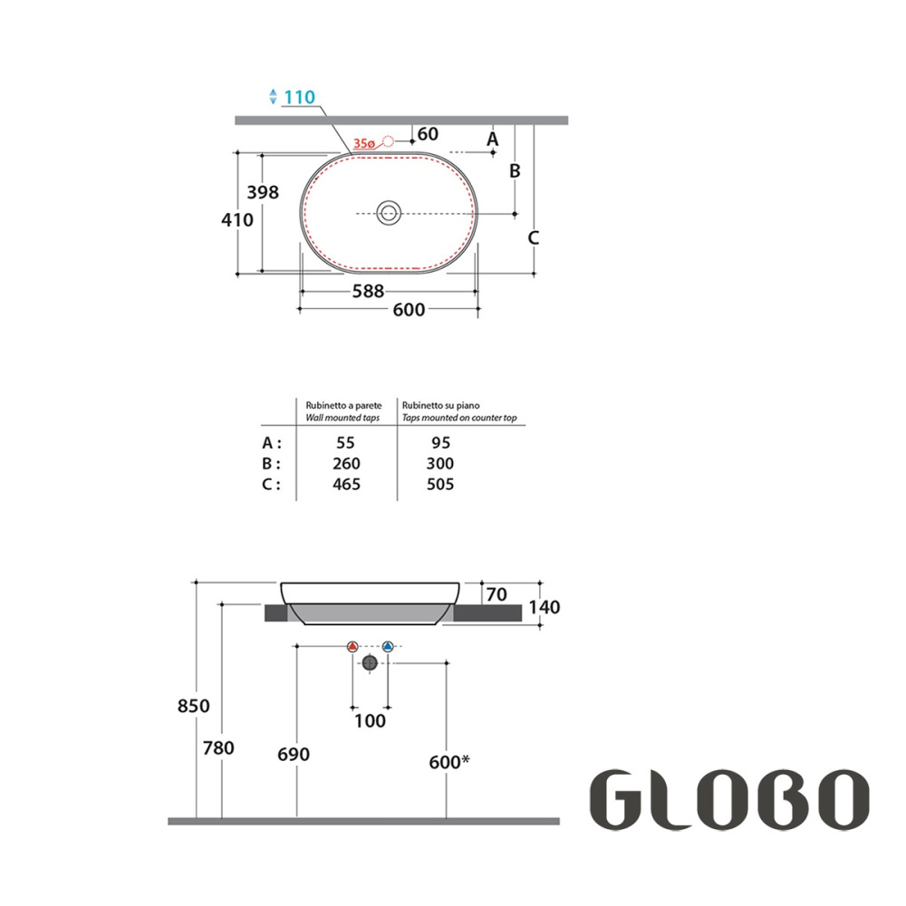 Раковина для ванной комнаты Globo T-Edge (B6O61.BI*0) белый, глянцевый