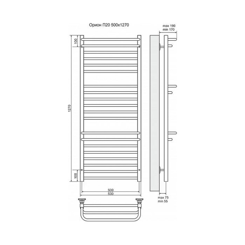 Фото Полотенцесушитель электрический Terminus 4660059921013 Орион П20 500x1270, ТЭН HT-1 300W, левый/прав