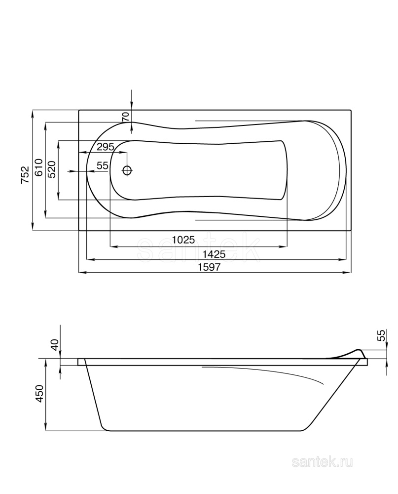 Фото Акриловая ванна 160x75 Santek (1.WH30.2.388), прямоугольная