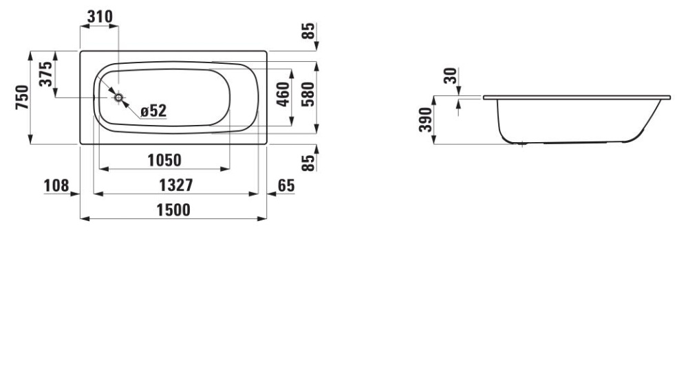 Стальная ванна Laufen Pro 2.2295.0.000.040.1 150 х 75 см без ручек