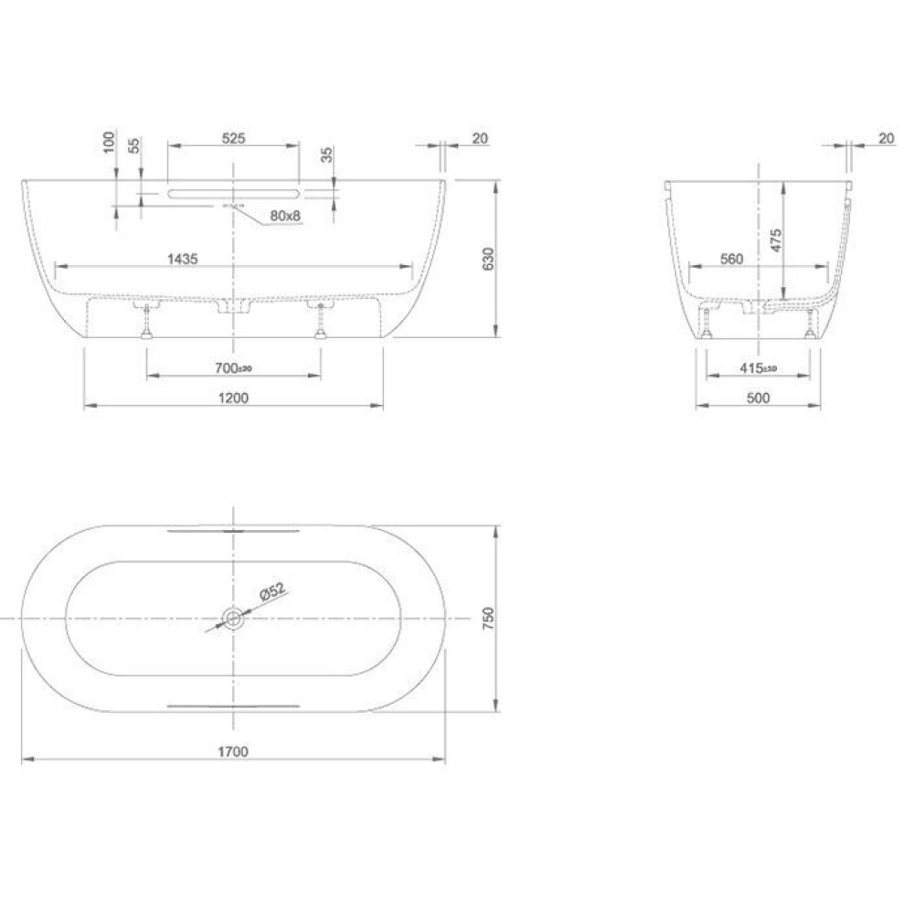 Фото KNIEF Lotus 0600-609-01 Ванна из материала Stone 170х75х63 см, с щелевым переливом и выпуск Click-Cl