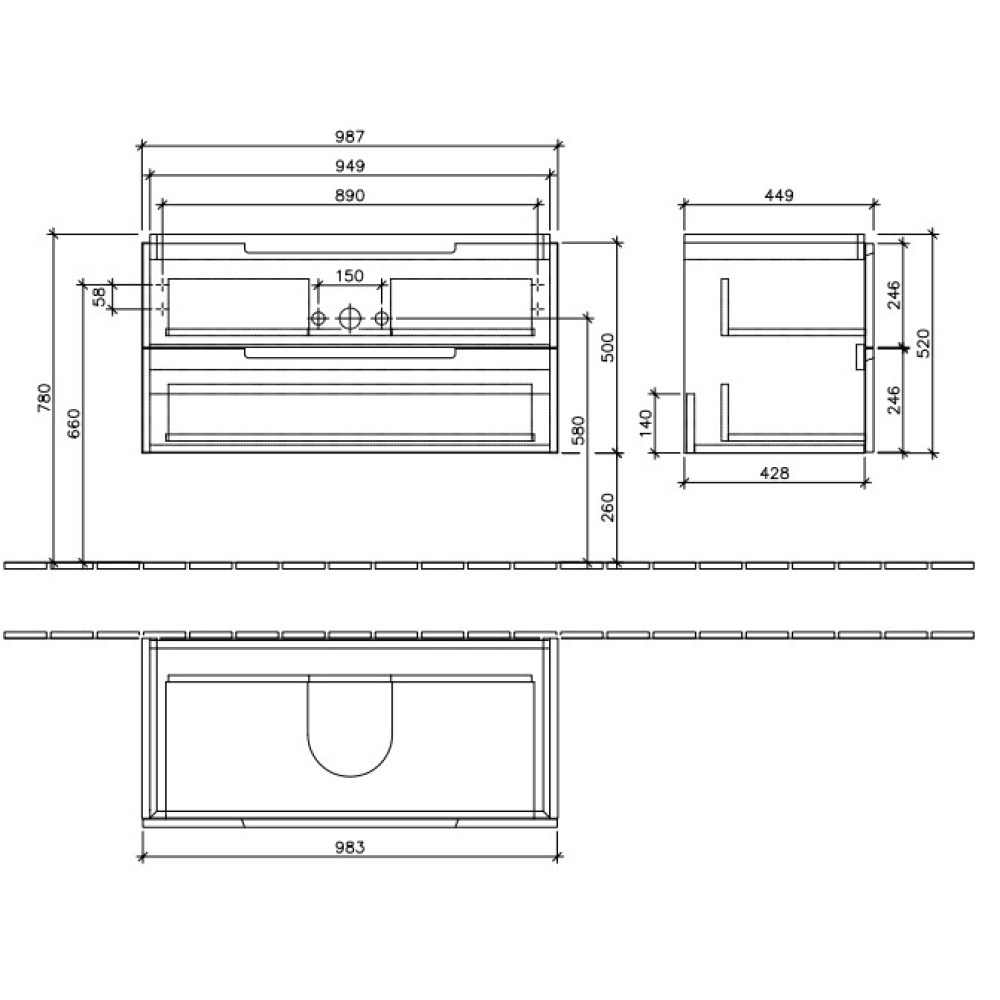 База под раковину Villeroy&Boch Subway 2.0 A697 00FP, серый глянцевый, Ш98,7*В52*Г44,9 см