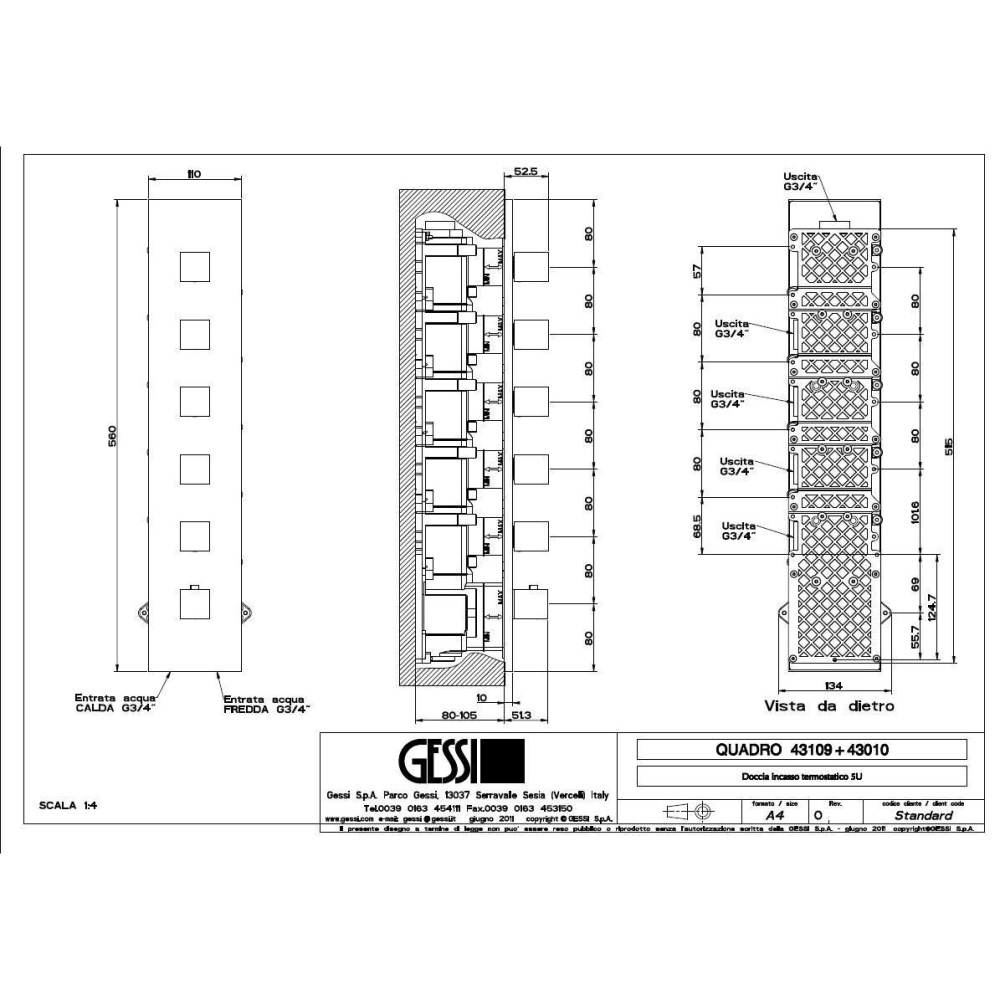 Внешняя часть термостатического смесителя Gessi Quadro Wellness (43010#031) хром