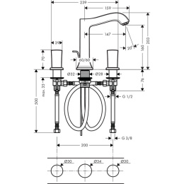 Смеситель для раковины на 3 отверстия 31305090 Hansgrohe Metropol Classic (хром, золото)