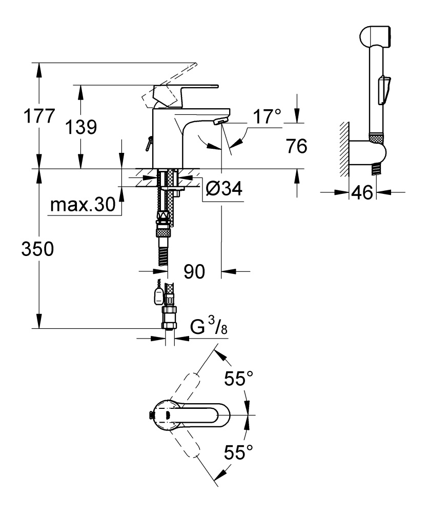 Фото Смеситель для раковины GROHE Get с цепочкой и гигиеническим душем, хром (23238000)