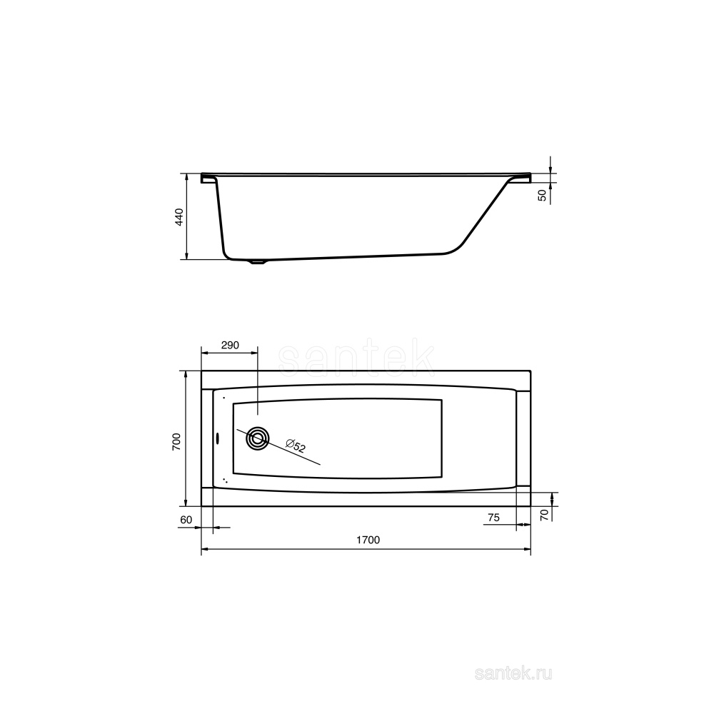 Акриловая ванна 170x70 Santek (1.WH30.2.487), прямоугольная