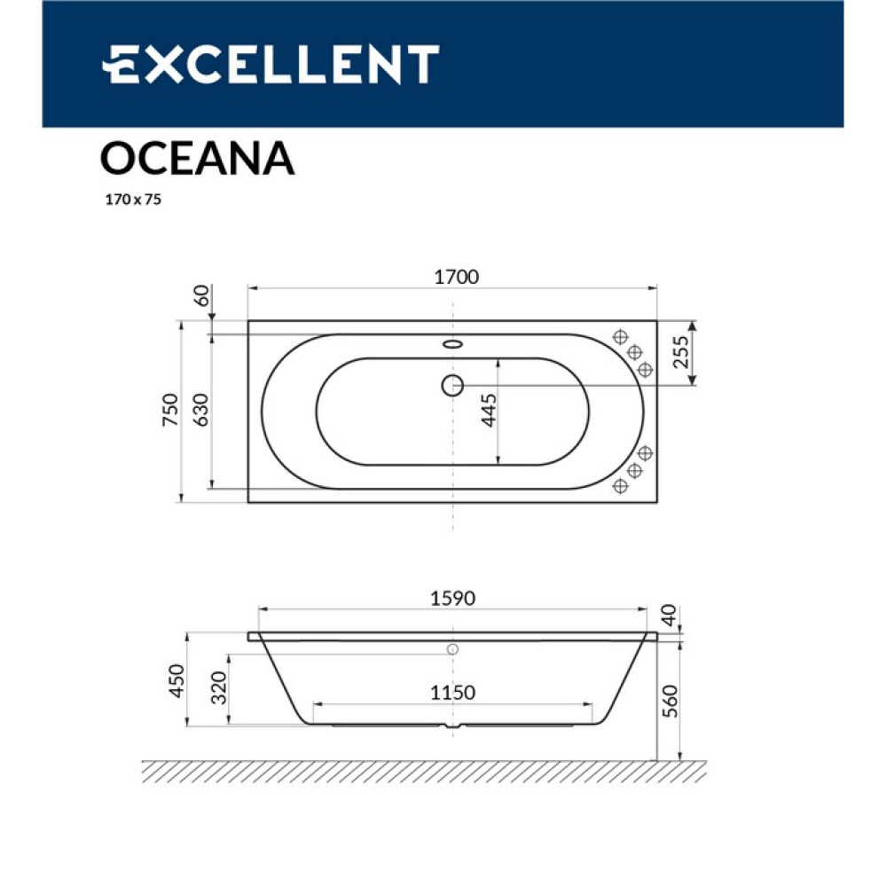 Акриловая ванна 170x75 Excellent (WAEX.OCE17WH), прямоугольная