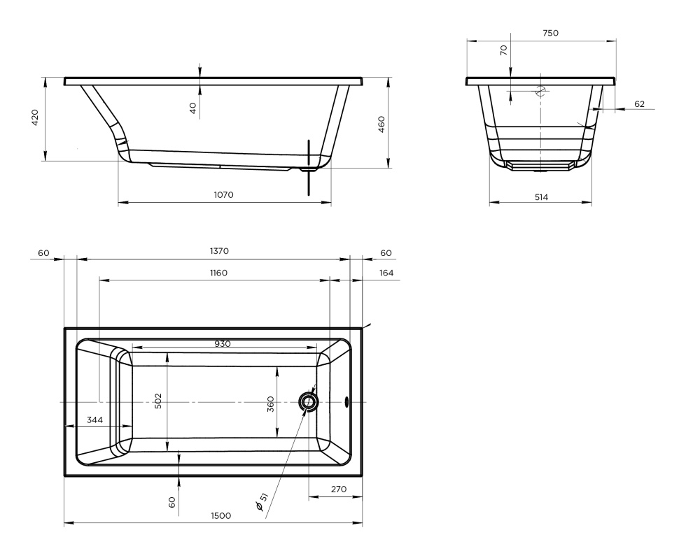 Акриловая ванна 150x75 Marka One (01бья1575)