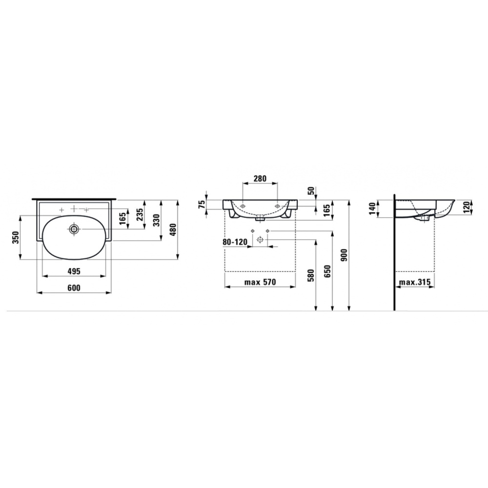 Раковина Laufen New Classic 8.1385.3.000.109.1 60 х 48 х 16.5 см, SaphirKeramik, без отверстия, белы