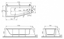 Акриловая ванна 170x75 Vitra (52760001000), прямоугольная-асимметричная, Гидромассаж: нет