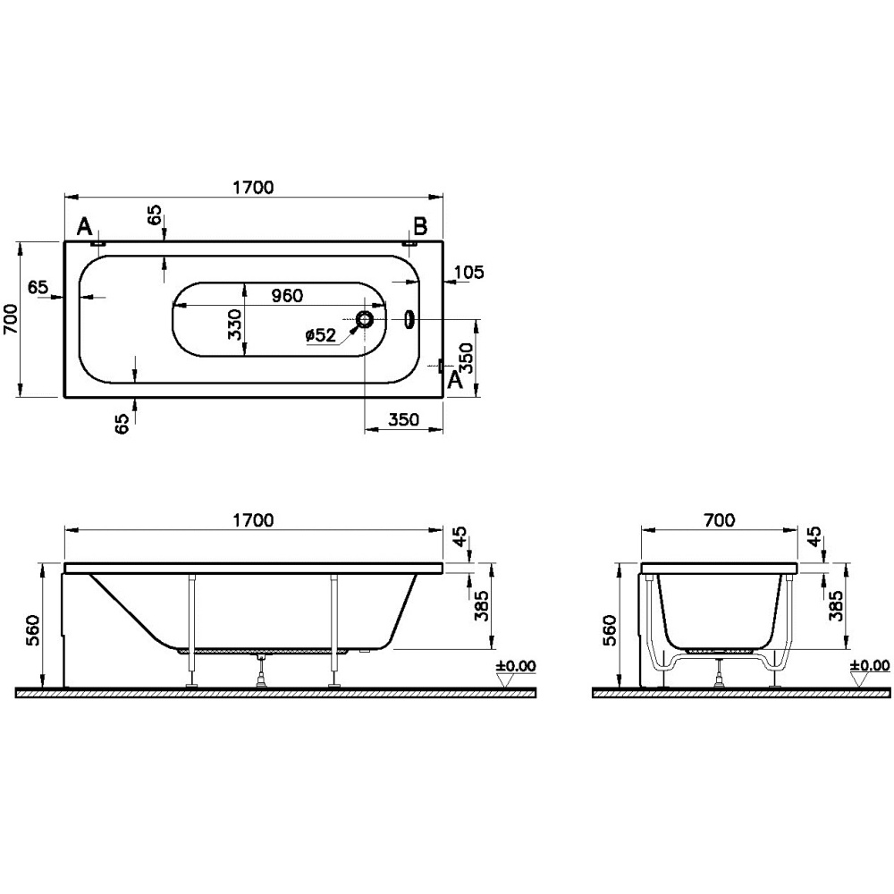 Акриловая ванна 170x70 Vitra (64530001000), прямоугольная