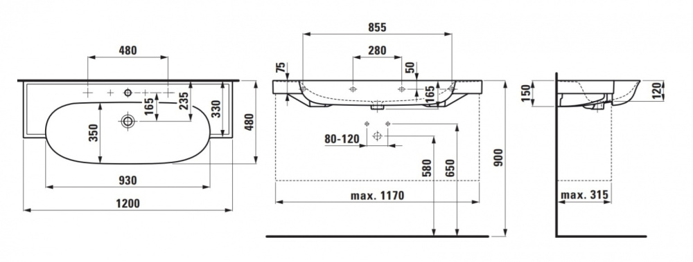 Раковина Laufen New Classic 8.1385.8.400.104.1 120 х 48 х 16.5 см, SaphirKeramik, LCC, 1 отверстие, 