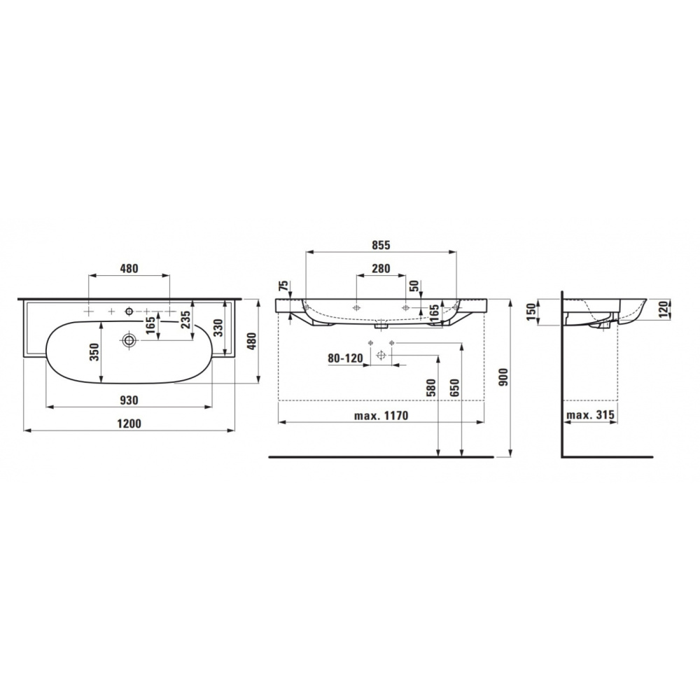 Раковина Laufen New Classic 8.1385.8.000.115.1 120 х 48 х 16.5 см, SaphirKeramik, 2 отверстия, без п