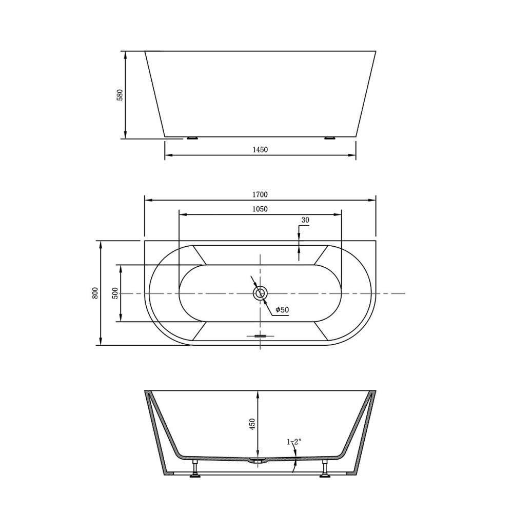 Акриловая ванна 170x80 Vincea (VBT-421-1700), овальная