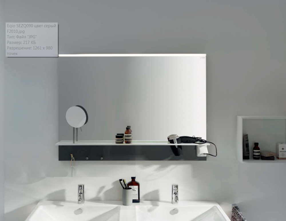 Фото BURGBAD Eqio Зеркало с полкой , светодиод подсв.900х769х150 мм,выкл сбоку справа, 3 крючка, держ для