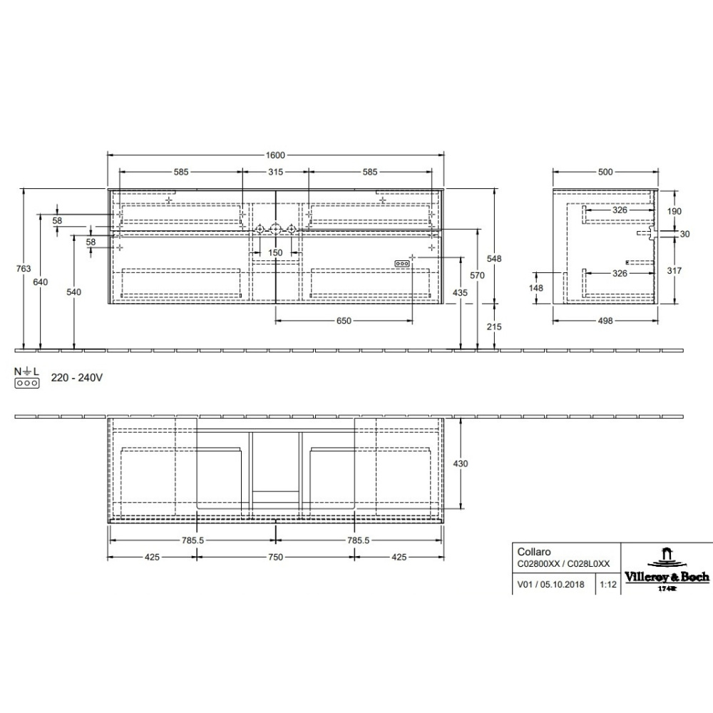 Villeroy Boch Collaro C02800FP Тумба под раковину 1600х500 мм (Glossy Grey)