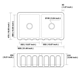 Kerasan Hannah SURREY 545001 Раковина керамическая кухонная 800x470x230 мм,без отверстия под смесите