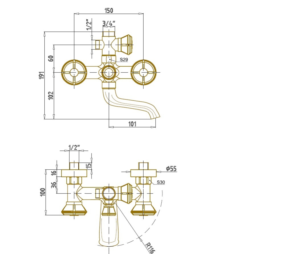 Душевые комплекты Комплект двухручковый для ванны и душа Bronze de Luxe Royal (10121R) бронза