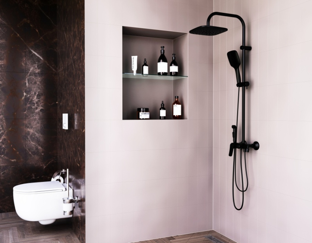 Damixa DX220920300 Apollo, душевая система со смесителем-полкой: верхний душ 230*230мм, ручной душ 1