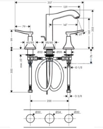 Смеситель для раковины на 3 отверстия 31331000 Hansgrohe Metropol Classic (хром)