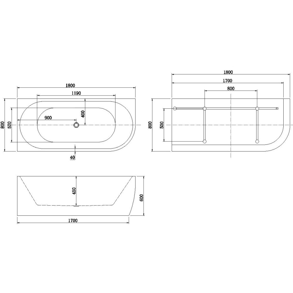 Акриловая ванна 180x80 Aquanet (00260054), асимметричная